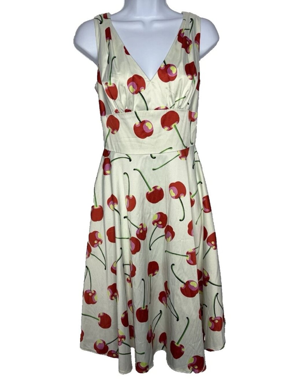 Vintage Tatyana Bouquet Cherry Swing Dress Size S Ivory Satin Retro 50s